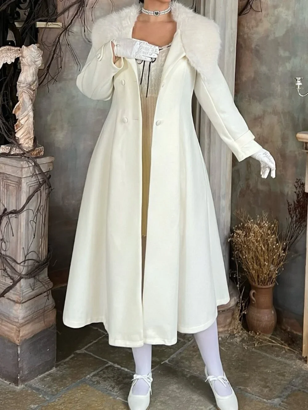 Apricot Elegant Women's Contrast Faux Fur Double Button Pocket Long Overcoat